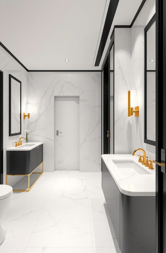 flux schnell bathroom with large marbleeffect white tiles feat 2