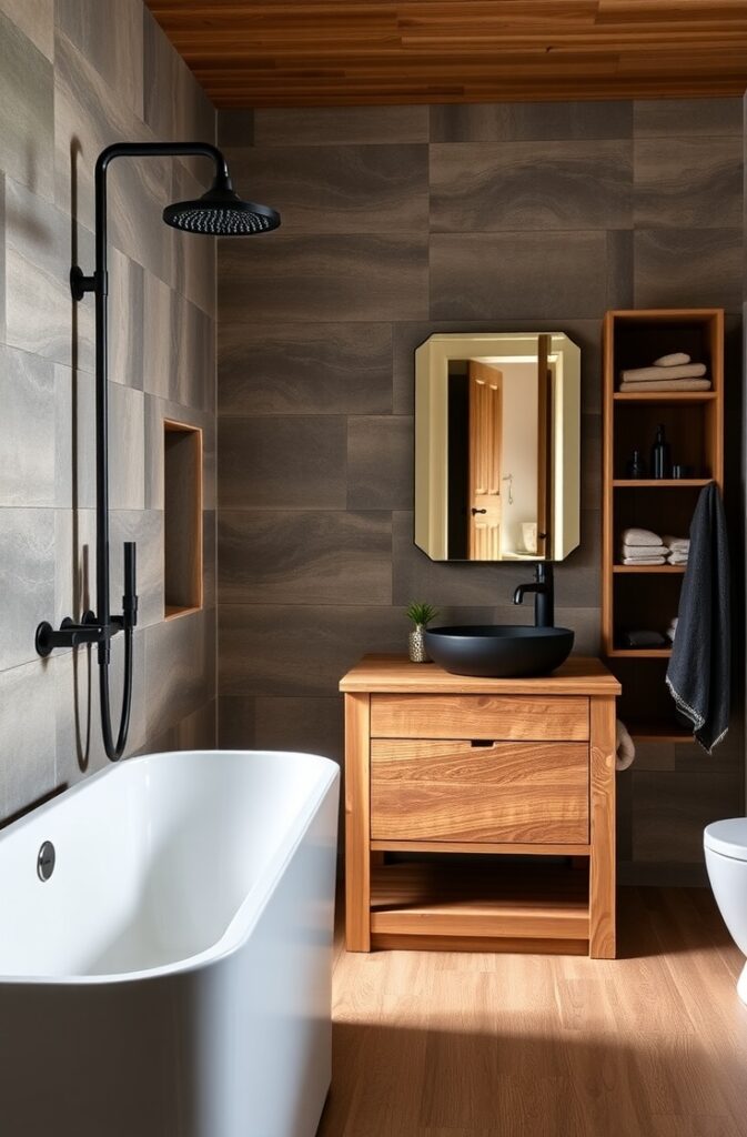 flux schnell bathroom with matte black fixtures and warm woode 2