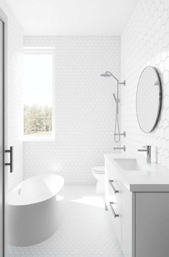 flux schnell bathroom with white hexagon tiles that reflect li 1