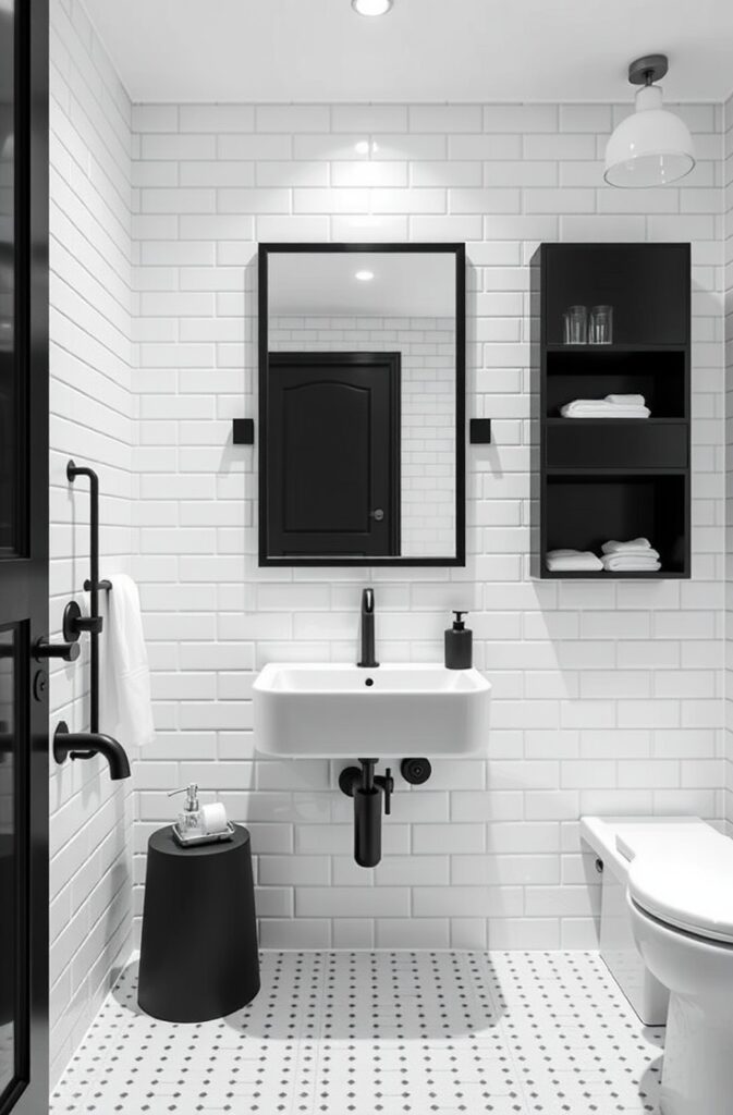 flux schnell black and white bathroom with matte black fixture 2
