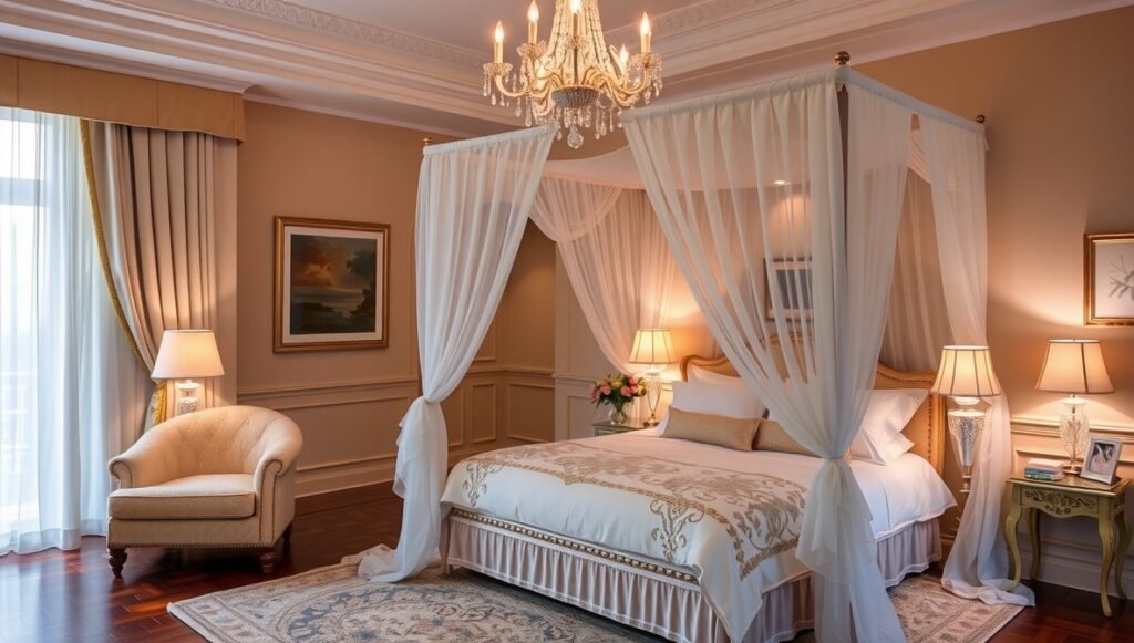 flux schnell elegant bedroom with a plush canopy bed draped in 3