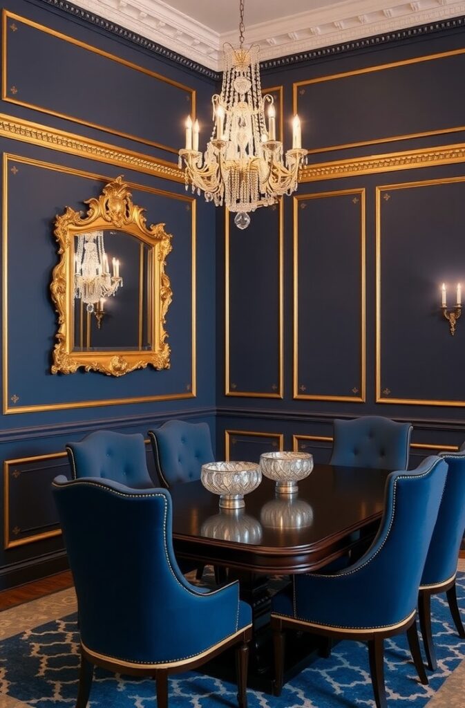 flux schnell elegant dining room with navy blue walls goldacce 2