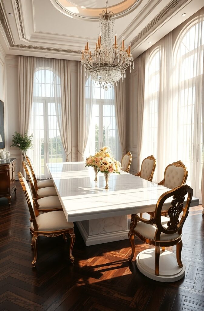 flux schnell luxury dining room with dark herringbone wood flo 1