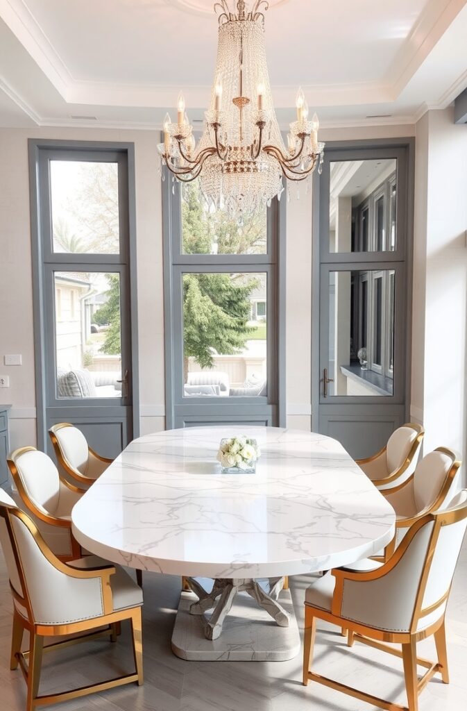 flux schnell modern dining room with a large white marble tabl 1