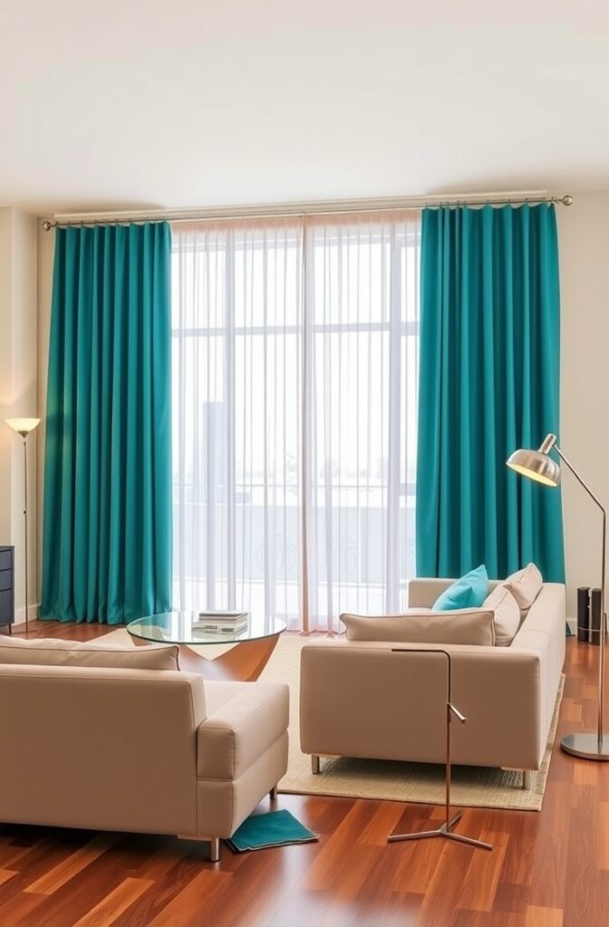 flux schnell modern living room with bold teal floorlength cur 3