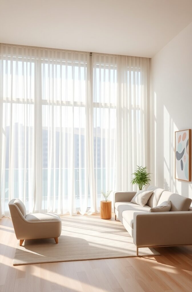 flux schnell modern living room with floorlength sheer panels 0