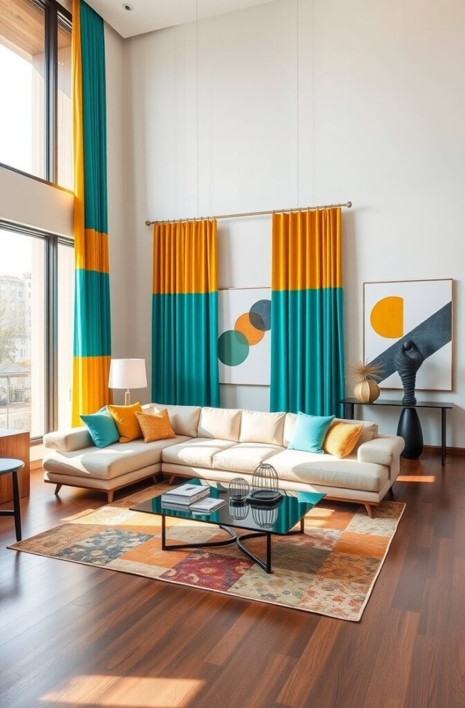 flux schnell modern living room with vibrant colorblocked curt 1