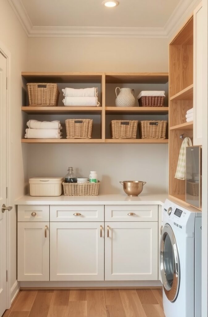 flux schnell pantry laundry room combo featuring open wooden s 2