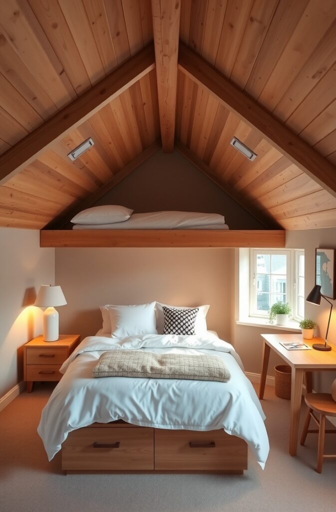 flux schnell small attic bedroom with a lofted bed featuring c 2