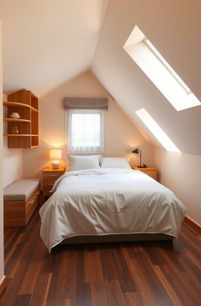 flux schnell small attic bedroom with builtin drawers and shel 1