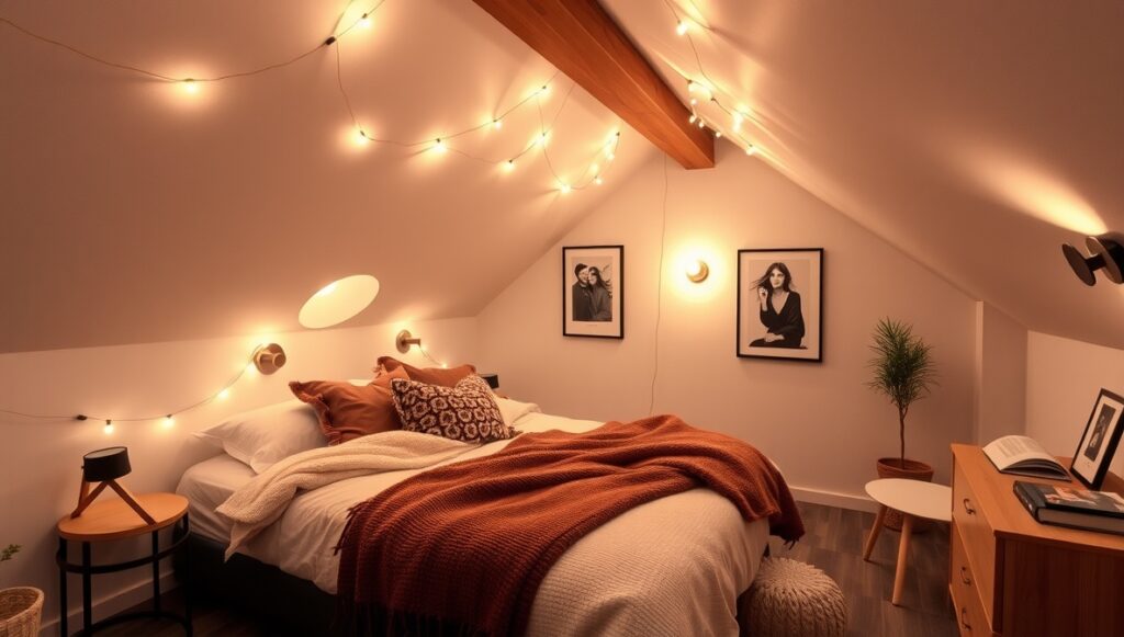 flux schnell small attic bedroom with creative lighting featur 0