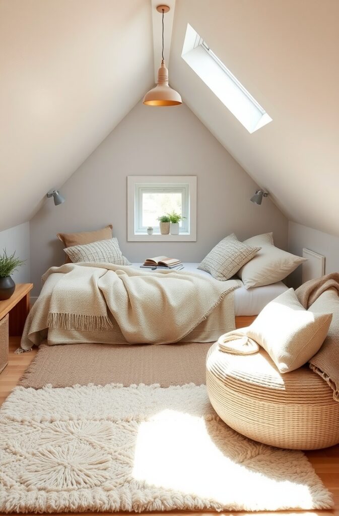 flux schnell small attic bedroom with layered rugs in natural 3