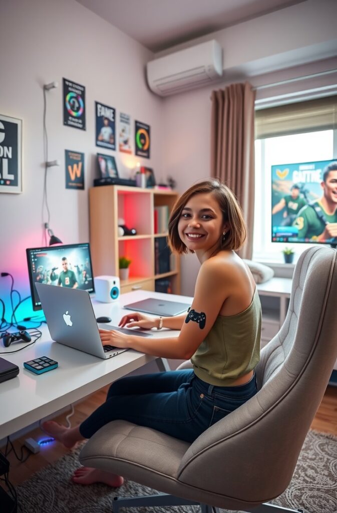 flux schnell techfriendly teen girl bedroom with a sleek desk 3