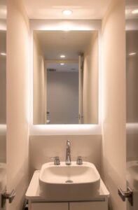 flux schnell tiny guest bathroom with a large frameless mirror 3