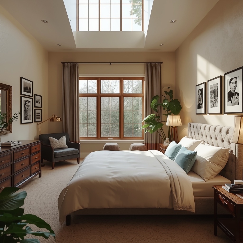 lucid origin generate image of a cozy bedroom with a plush king size bed featuring a soft whi 0