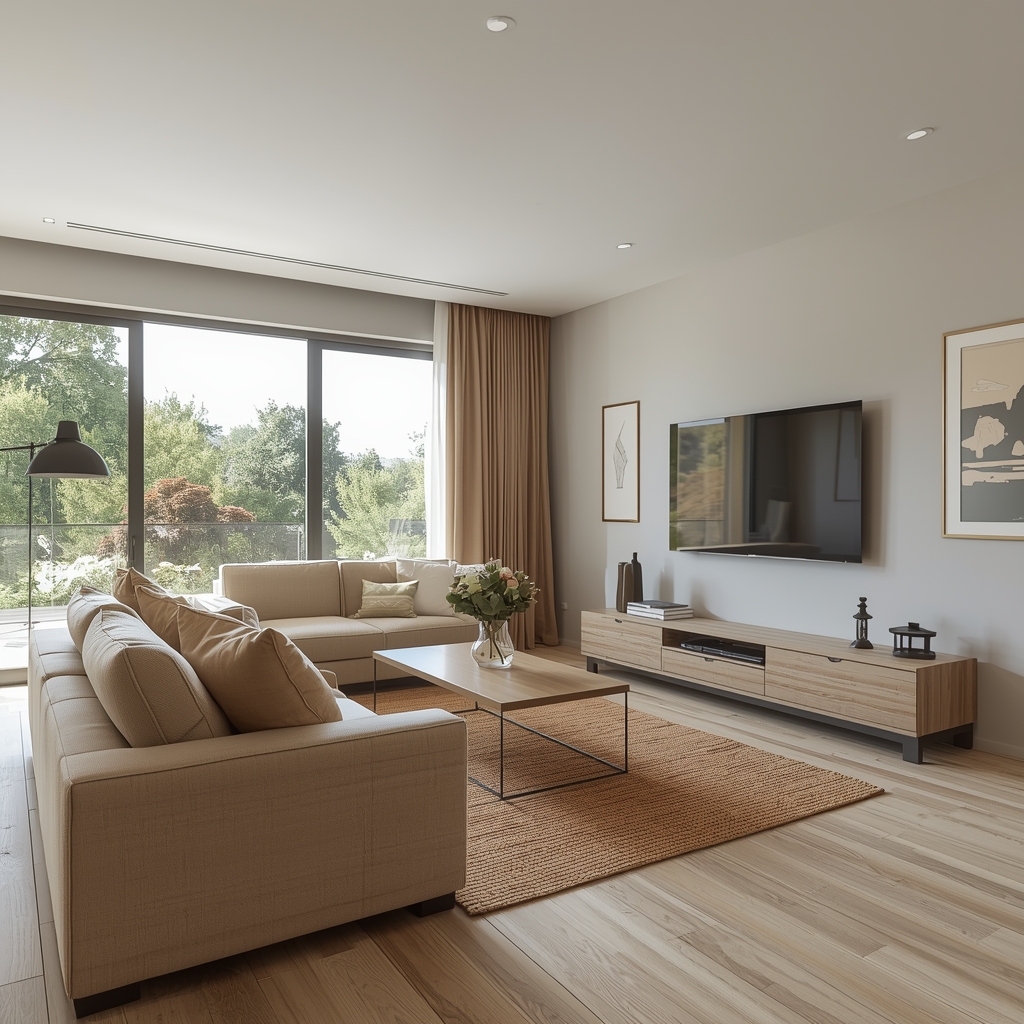 lucid origin generate image of a spacious living room with a large window allowing natural li 0